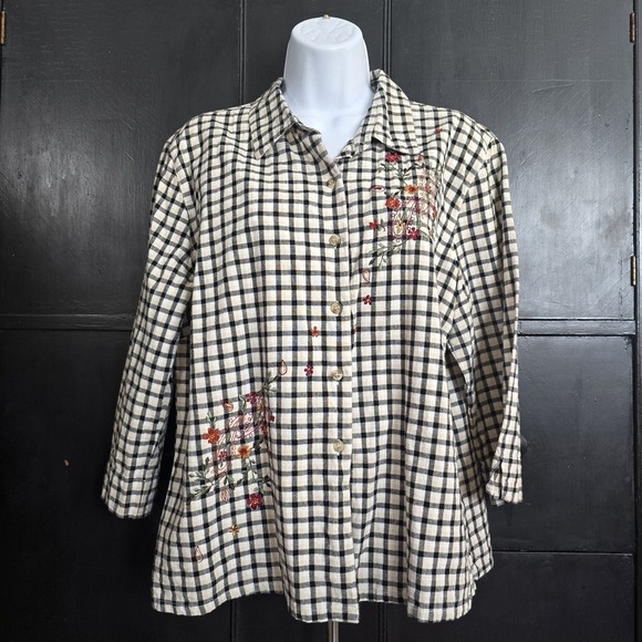 Cabin Creek Womens Floral Embroidered Cottage Button Up Plaid Shirt XLP Country - Picture 2 of 12